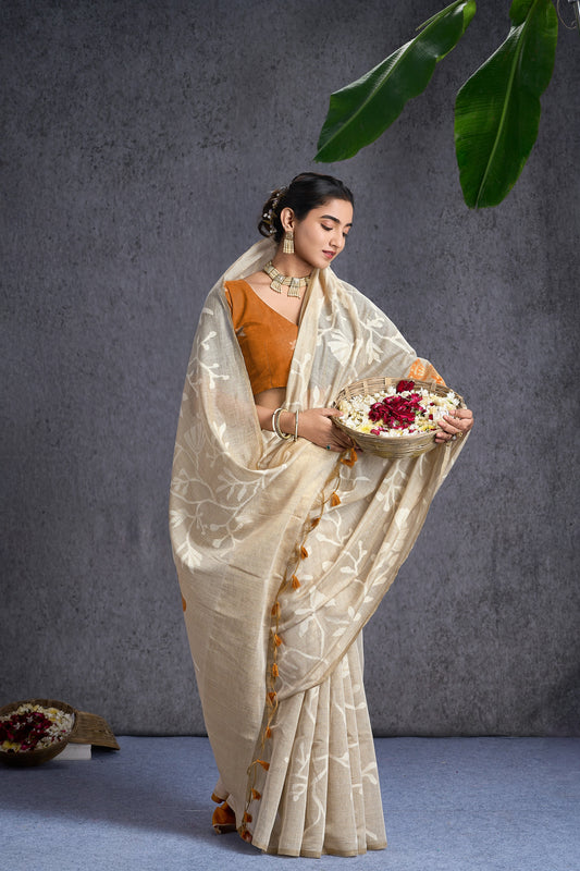 Tarangi | Beige With Yellow Muga Cotton Jacquard Woven Abstract Leaf Design