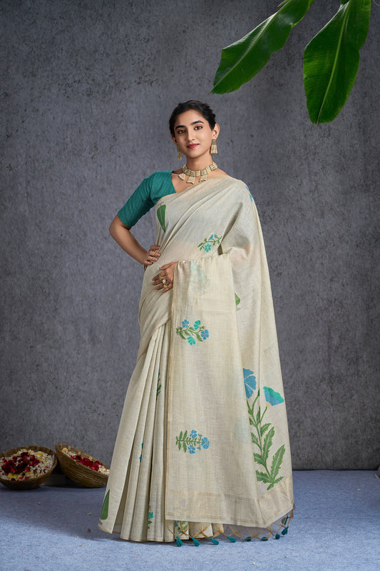 Pushpkala | Peacock Blue Mint Mul Cotton Jacquard Woven Floral Design