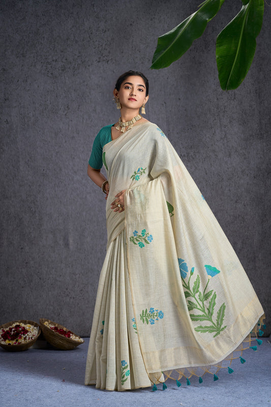 Pushpkala | Peacock Blue Mint Mul Cotton Jacquard Woven Floral Design