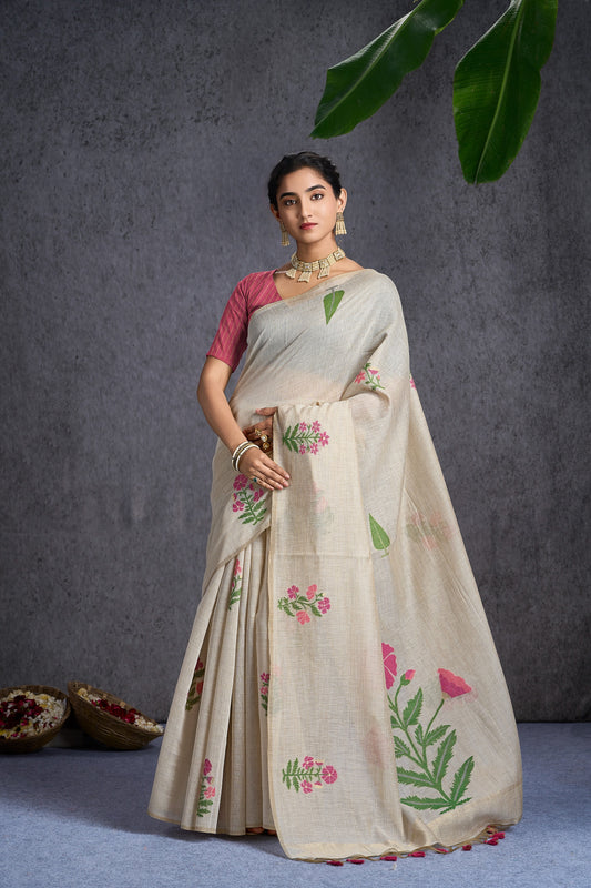 Pushpkala | Raspberry Sunset Orange Mul Cotton Jacquard Woven Floral Design