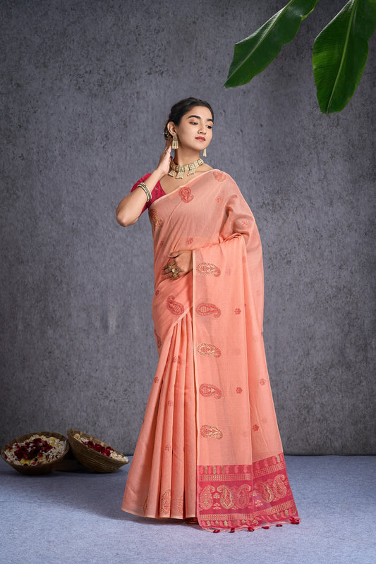 Kayra | Peach Sorbet Muga Cotton Jacquard Woven Jamdani Design
