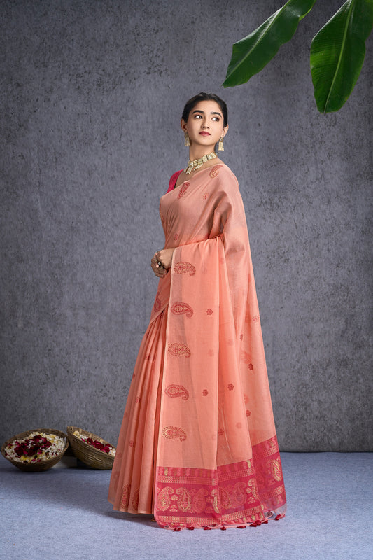 Kayra | Peach Sorbet Muga Cotton Jacquard Woven Jamdani Design