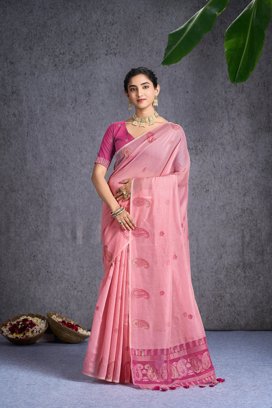 Kayra | Baby Pink Muga Cotton Jacquard Woven Jamdani Design