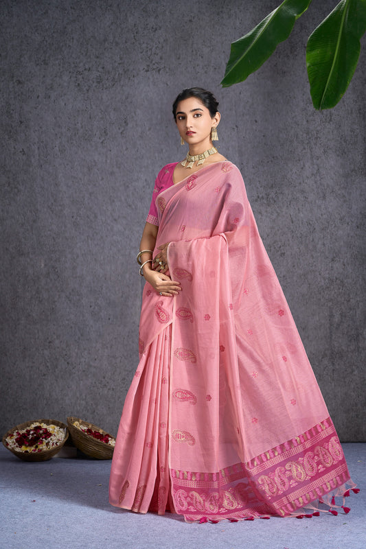 Kayra | Baby Pink Muga Cotton Jacquard Woven Jamdani Design