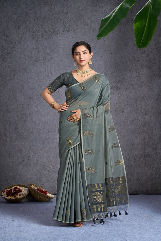 Kayra | Grey Muga Cotton Jacquard Woven Jamdani Design