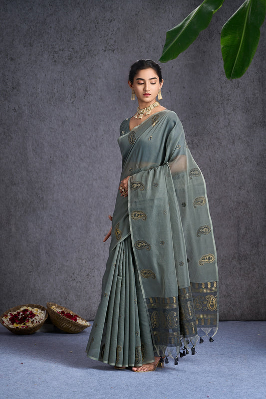 Kayra | Grey Muga Cotton Jacquard Woven Jamdani Design