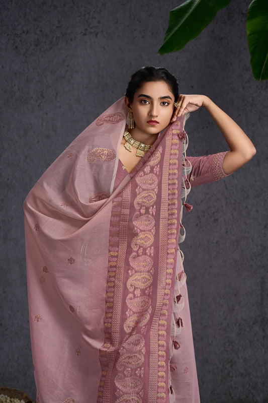 Kayra | Bubblegum Wine Muga Cotton Jacquard Woven Jamdani Design