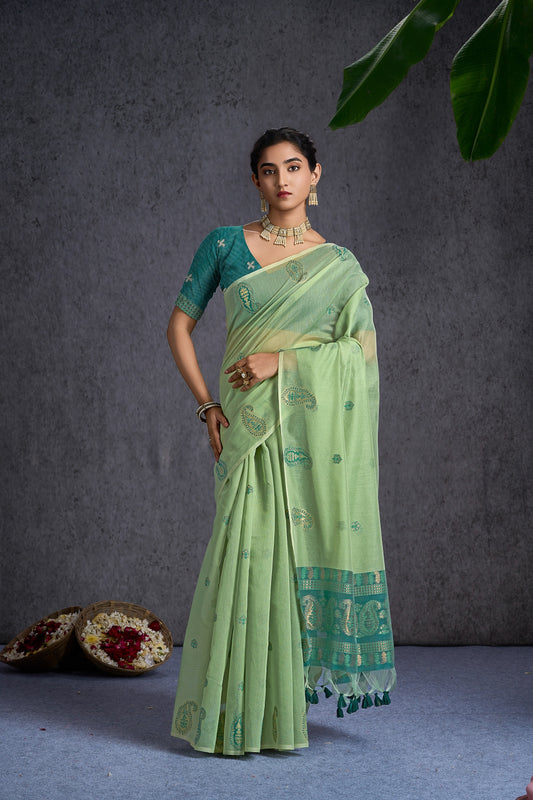 Kayra | Smoky Green Muga Cotton Jacquard Woven Jamdani Design