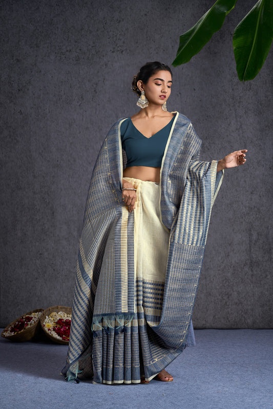 Tanika | Denim Blue Mul Cotton Geometric Design Jacquard Woven Saree