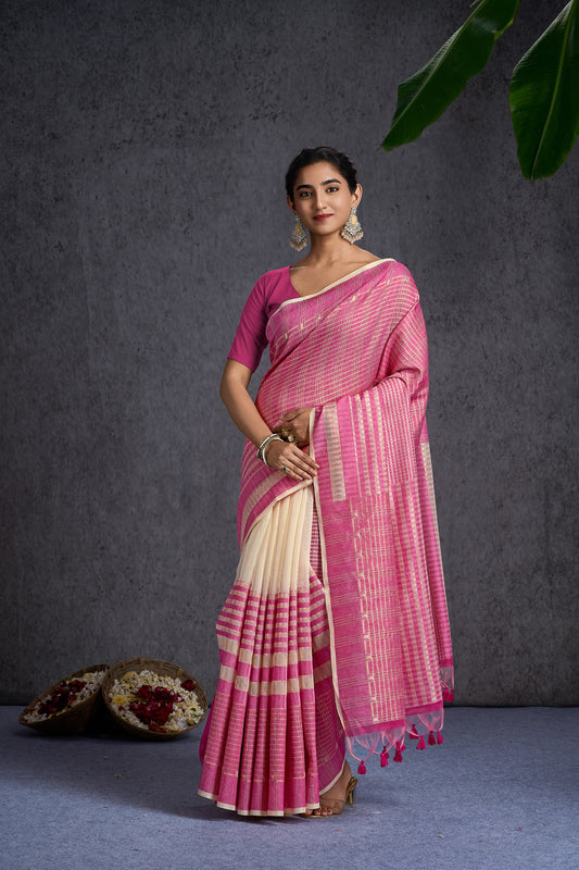 Tanika | Rani Pink Mul Cotton Geometric Design Jacquard Woven Saree