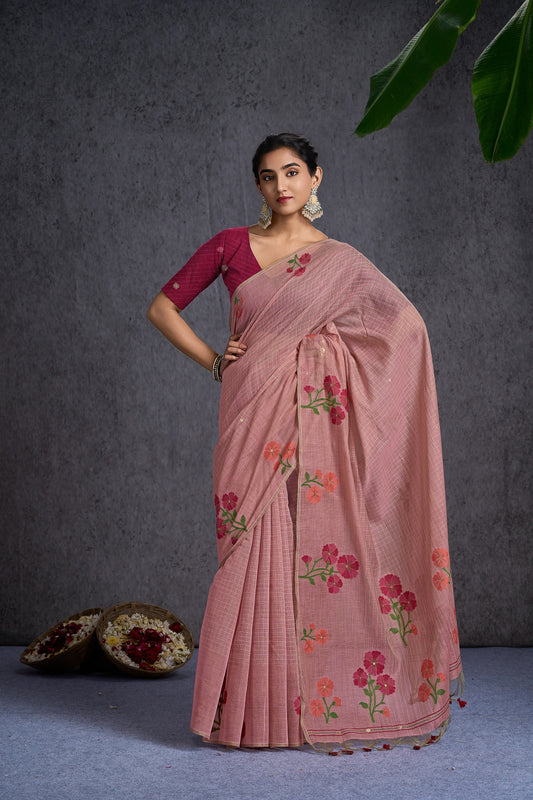 Riwaayat | Baby Pink Mul Cotton Floral + Jamdani Design Jacquard Woven Saree