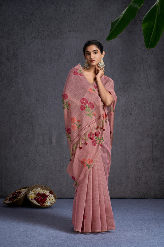 Riwaayat | Baby Pink Mul Cotton Floral + Jamdani Design Jacquard Woven Saree
