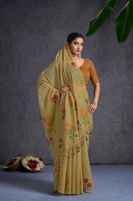 Riwaayat | Limelight Mul Cotton Floral + Jamdani Design Jacquard Woven Saree