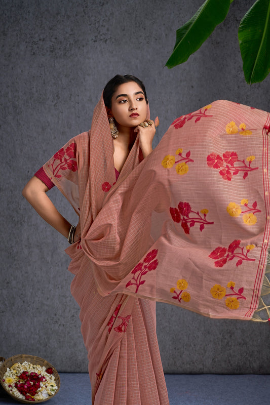 Riwaayat | Peach Mul Cotton Floral + Jamdani Design Jacquard Woven Saree