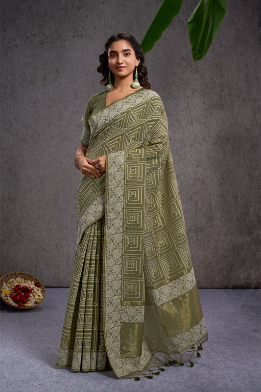 Aavira | Olive Green Mul Cotton Jacquard Woven Jamdani Design