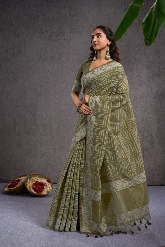 Aavira | Olive Green Mul Cotton Jacquard Woven Jamdani Design