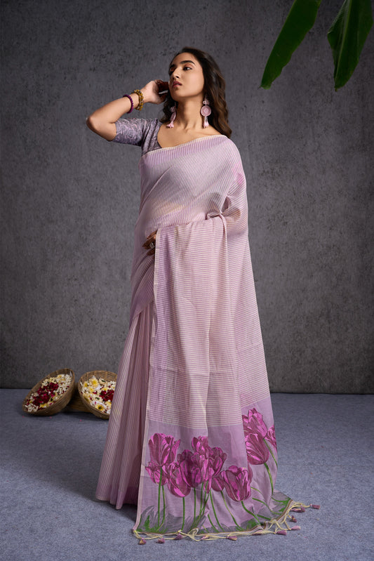 Nayra | Purple Cotton Blend Floral Design Jacquard Woven Saree.