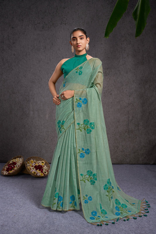Riwaayat | Ice Green Mul Cotton Floral + Jamdani Design Jacquard Woven Saree