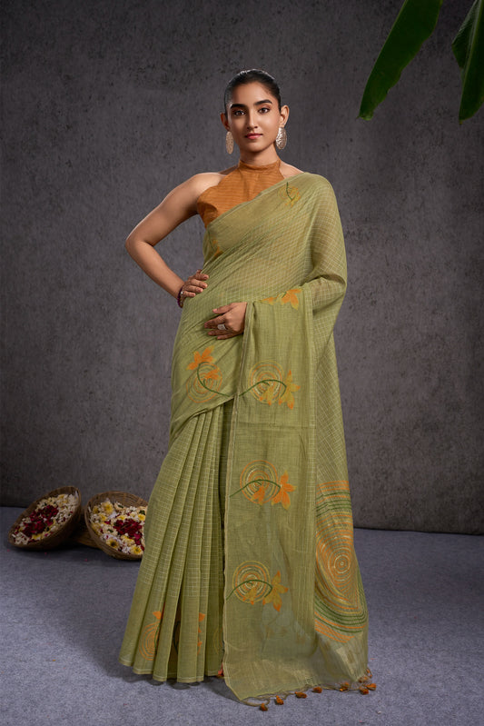 Aakriti | Pista Green Soft Mul Cotton Floral + Geometric Design Jacquard Woven Saree