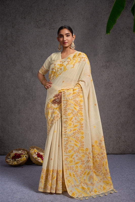 Kashni | White, Mustard & Gold Linen & Cotton Jacquard Woven Jamdani Design