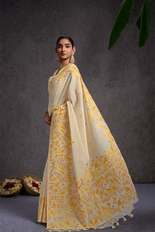 Kashni | White, Mustard & Gold Linen & Cotton Jacquard Woven Jamdani Design