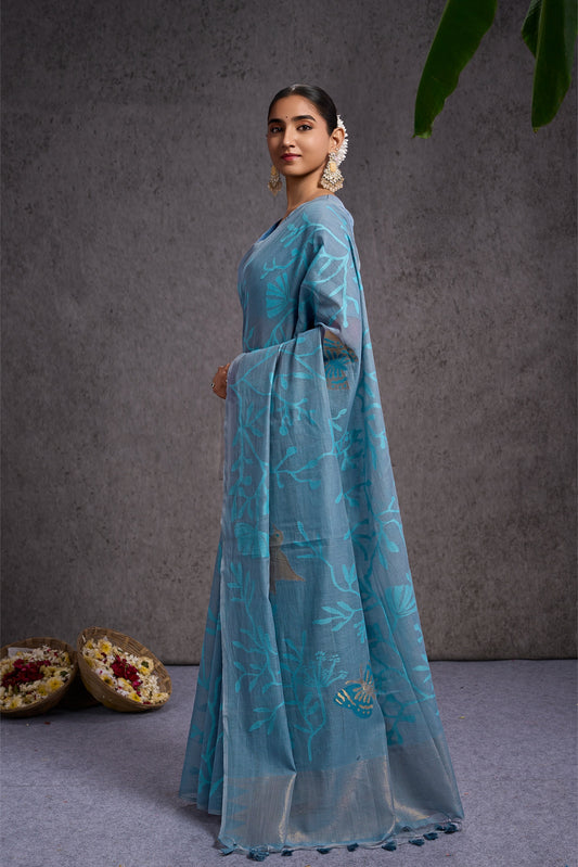Tarangi | Blue Muga Cotton Jacquard Woven Abstract Leaf Design