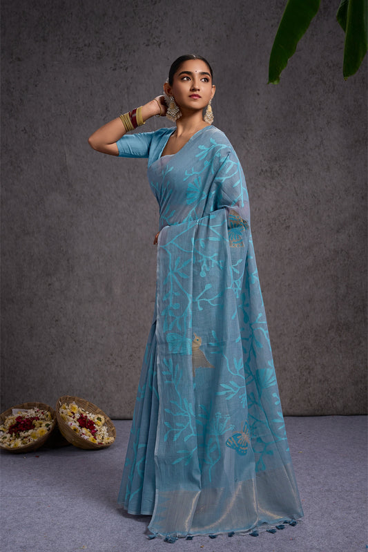 Tarangi | Blue Muga Cotton Jacquard Woven Abstract Leaf Design