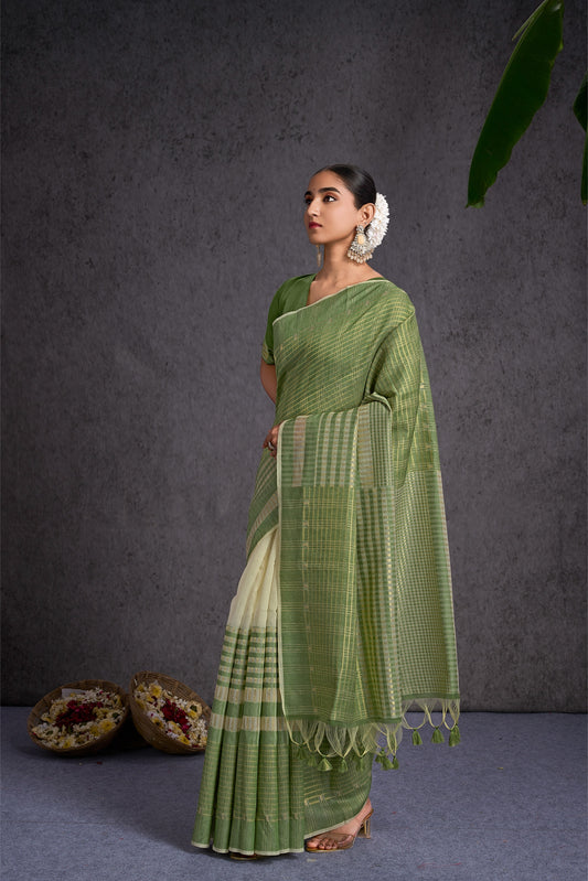 Tanika | Moss Green Mul Cotton Geometric Design Jacquard Woven Saree
