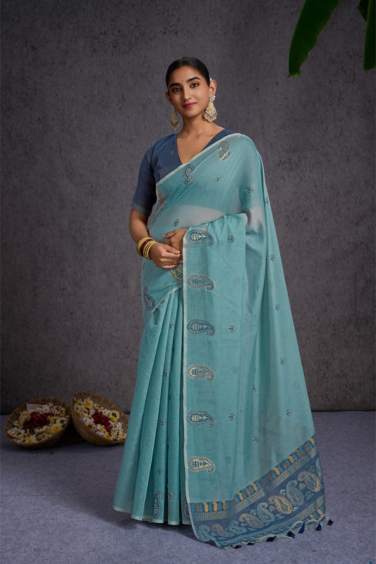 Kayra | Baby Blue Muga Cotton Jacquard Woven Jamdani Design