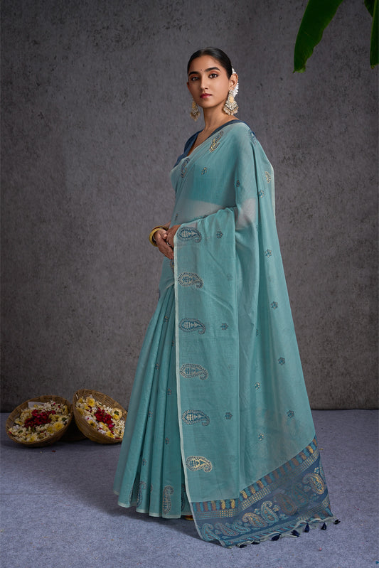 Kayra | Baby Blue Muga Cotton Jacquard Woven Jamdani Design