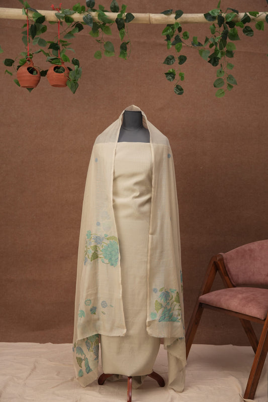 Alina Bloom | 3-Piece Ivory Peacock Blue Unstitched Viscose Suit Set