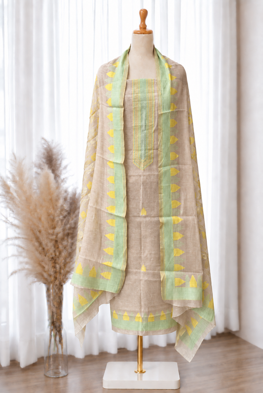 Beige Pista Jamdani Jacquard Linen Set