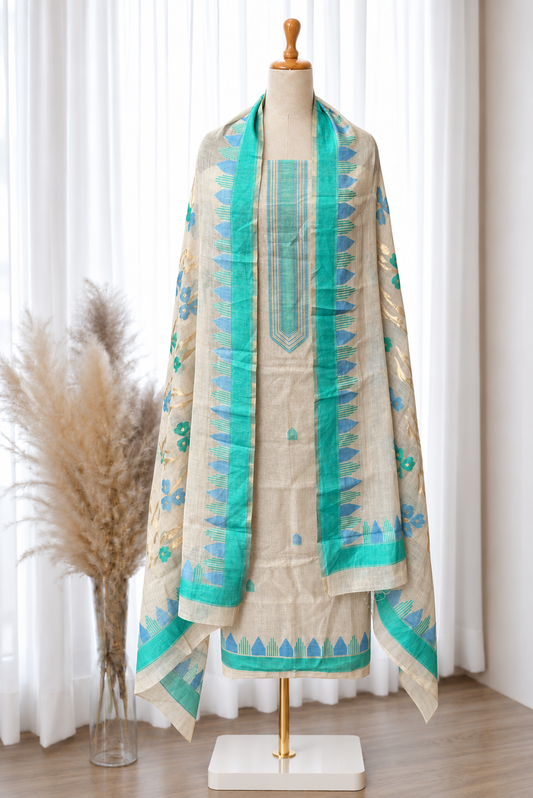 Beige Rama Blue Jamdani Jacquard Linen Set