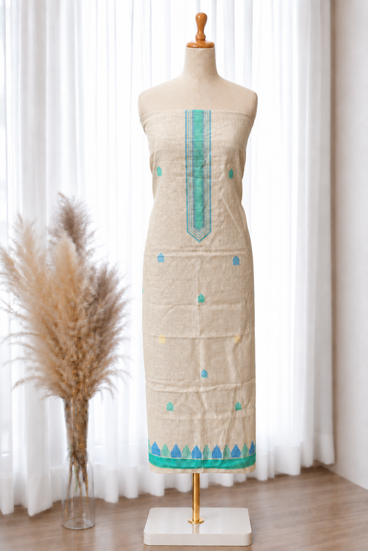 Beige Rama Blue Jamdani Jacquard Linen Set