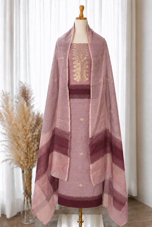 Dusty Pink Jacquard Unstitched Suit Set with Ikkat Dupatta