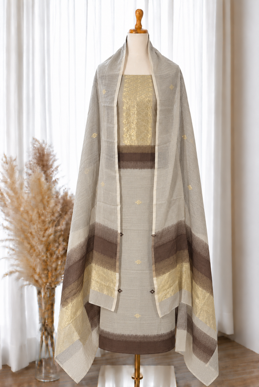 Coffee Brown Jacquard Unstitched Suit Set with Ikkat Dupatta