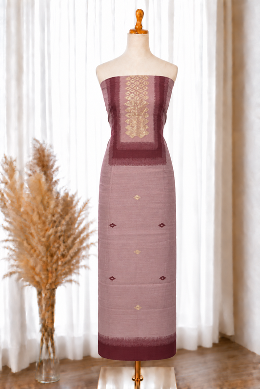 Dusty Pink Jacquard Unstitched Suit Set with Ikkat Dupatta