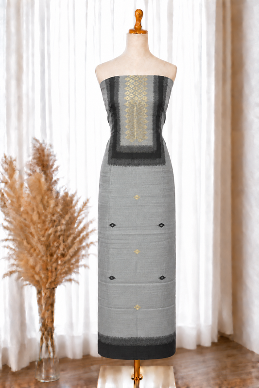 Grey Jacquard Unstitched Suit Set with Ikkat Dupatta