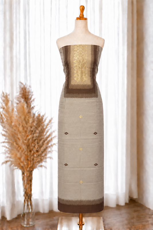 Coffee Brown Jacquard Unstitched Suit Set with Ikkat Dupatta
