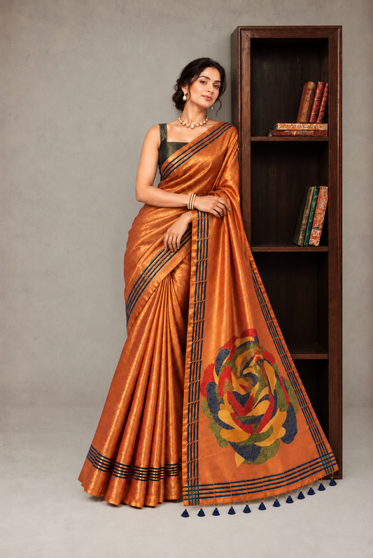 Copper Bronze Tissue Saree with Abstract Rose Pallu