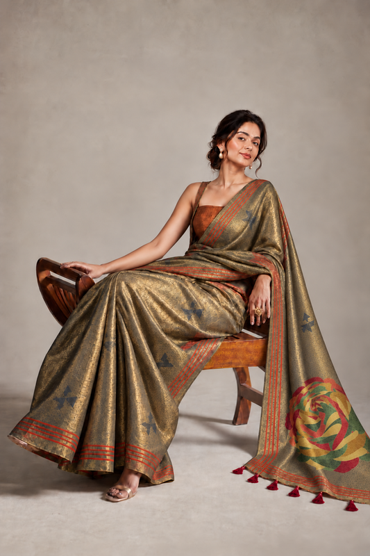 Charcoal Metallic Jacquard Tissue Saree with Rose Pallu