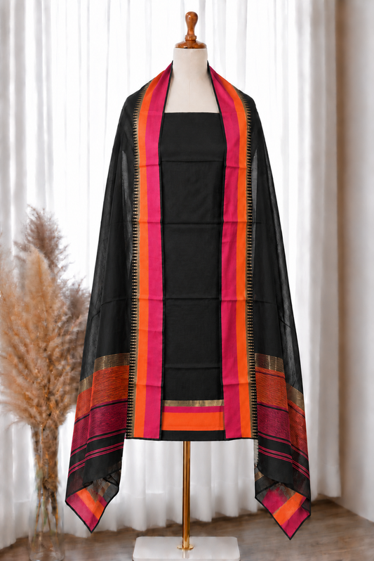 Black Temple Border Unstitched Suit Set