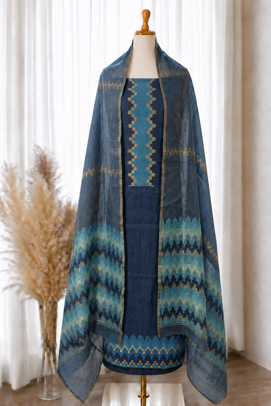 Blue Ikkat Viscose Unstitched Suit Set