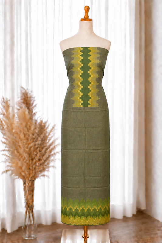 Olive Green Ikkat Viscose Unstitched Suit Set