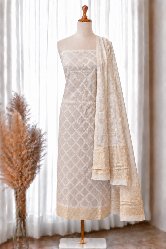 White Linen Jamdani Unstitched Suit with Geometric Dupatta