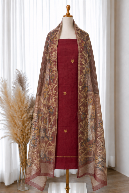 Maroon Marble Jacquard Woven Viscose Suit Set