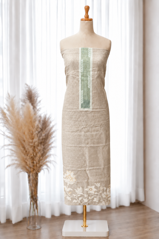 Ikkat Jamdani Linen Set in Beige & Sage Green