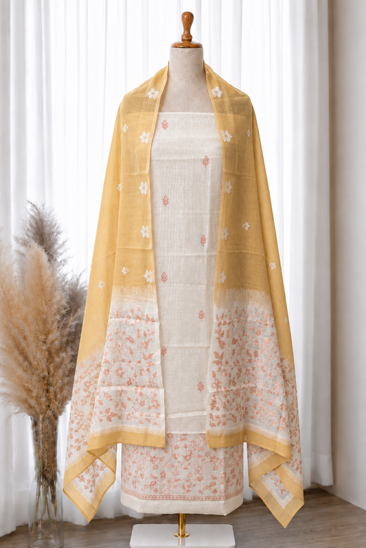 White Mustard Floral Jamdani Linen Set