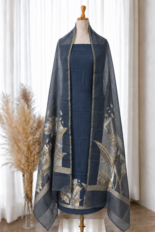 Navy Blue Gold Floral Jamdani Viscose Set