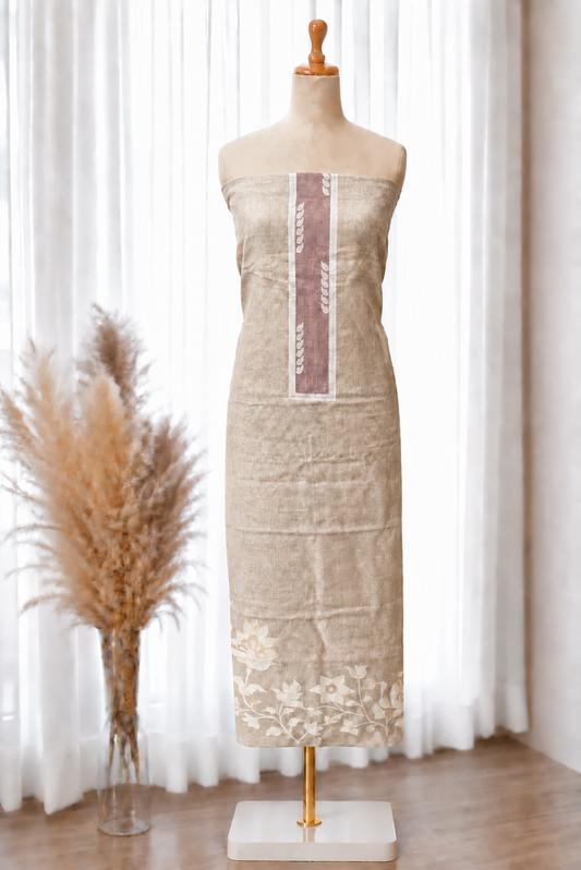 Ikkat Jamdani Linen Set in Beige & Lilac